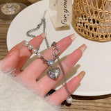 DAIIIBABYYY  -  Delicated Y2K Crystal Zircon Love Pendent Necklace for Women Girl Goth Cuba Chain Pearl Splicing Sweater Chain Party Jewelry New
