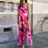 Daiiibabyyy  Elegant Sleeveless Waist Long Romper Fashion Pattern Print Split Suspenders Playsuit Sexy Off Shoulder Tie-Up Bohe Jumpsuit