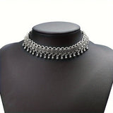 Daiiibabyyy  Vintage Silvery Geometric Carved Bell Tassel Choker Necklace for Women Gypsy Boho Ethnic Clavicle Chain African Collar Jewelry