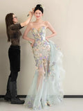 Daiiibabyyy  Floral Mermiad Long Wedding Dresses Women Elegant Strapless Sleeveless Formal Birthday Evening Party Dress Customized Prom Gowns