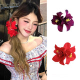 Daiiibabyyy  Side Hairpin Red Bauhinia Flower Straight Clip Seaside Holiday Essential Sweet Duckbill Clip Female Double Flower Hairpin