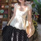 Daiiibabyyy  French Style Sweet Square Collar Short Blouse Female Clothing Solid Color Summer Puff Sleeve Lace Stylish Hollow Out Slim Shirts