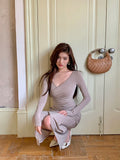 Daiiibabyyy  Autumn Winter French Casual Long Sleeve Women Solid Split Package Hip Dress Elegant chic Slim V-neck Ladies Skinny Bodycon Dress