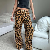 DAIIIBABYYY  -  Brown Leopard Print Casual Pants Autumn Winter Warm Lace-up Low Rise Straight Pants for Women y2k Streetwear Trousers New