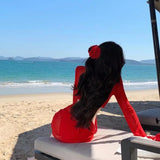 DAIIIBABYYY  -  Pure and Sexy Red Bikini Four-piece Set Split Swimsuit for Women New Long-sleeved Meat-covered Hot Spring