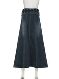 DAIIIBABYYY  -  Basic A-Line Denim Skirts With Belt Casual Slim Pockets High Waist Maxi Skirts Women 2025 Spring Autumn Streetwear Lady