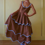 Daiiibabyyy  Elegant Sleeveless Pleated Summer Long Dress Fashion Hight Waist Backless Party Dress U-neck Color-blocked Ruffles A-Line Dress