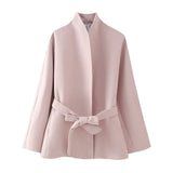 DAIIIBABYYY  -  Women Winter New Fashion Coats Light Pink Turn-Down Collar Long Sleeve Bow Belt Decoration Female Elegant Overcoats