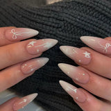 Daiiibabyyy  24Pcs Mid-length Almond Press on False Nails White Gradient Bow Star Love Heart Fake Nails Pearl Reusable Full Cover Nails Tips