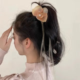 Daiiibabyyy Pearl Phalaenopsis Flower Hairpin Cloth Floral Silk Ribbon Bohemia Side Clip Large Simulation Flower Hairpin Seaside Vacation