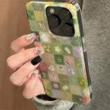 Daiiibabyyy  IND green grass grid pattern broken flower rabbit phone case with chain  for iPhone 11 12 13 14 15 16 17 Pro Max