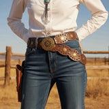 Daiiibabyyy  Metal Western Style Cowboy Belts Round Wide Hollow Out Belts Exaggerated PU Leather Ethnic Style Waistband Waist Accessories