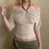 Daiiibabyyy  Short Sleeve Blouse For Woman Off Shoulder T-shirt Top Fitted Square Neck Tops Vintage Crop Top Beige Ruched Ribbed Knit