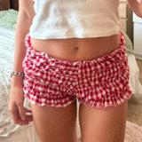 Daiiibabyyy Women Summer Fairy Grunge Ruffled Shorts Casual Plaid Print Elastic Waist Short Pants 2000s Aesthetic Nightclub Streetwear