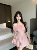Daiiibabyyy  Ruffled One-length Necklace Spliced A-line Dress with Pleated Waist Design Sweet