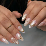 Daiiibabyyy  24pcs Manicure Long Almond False Nails Aurora Wave French Press on Nails Flower Starburst Detachable Fake Nials DIY