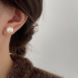 Daiiibabyyy  French Temperament Flat Round Pearl Stud Earrings Women and Girls Sweet Ear Studs Fashion Jewelry Romantic Gifts