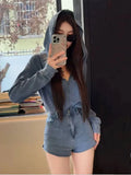 DAIIIBABYYY  -  Autumn Women Denim Pants Suits Blue Hooded Pullover Shirt Top Female High Waist Shorts Fashion Streetwear