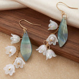 Daiiibabyyy  White Tulip Green Leaves Drop Earrings for Women Pearly Lustre Flower Shape Long Tassel Trendy Earrings Y2K French Romantic