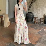 DAIIIBABYYY  -  Summer Korean Elegant Patchwork Elasticized Floral Printing Skirt New Fashionable Sweet High Waist Folds Skirts Women's Clothing