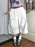 Daiiibabyyy  White Wide Leg Cargo Jorts Women Vintage Washed High Waist American Style Short Jeans Baggy Pocket Casual Streetwear