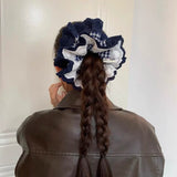 Daiiibabyyy  1PC Large Navy Blue Plaid Hair Scrunchie With Lace Trim, Chic Ruffled Hair Tie, Stylish Hair Accessory For Women