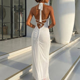 Daiiibabyyy  Elegant Sleeveless Embroidery Hollow Long Dress Women Fashion Backless White Party Dresses Sexy Halter Lace-Up Cover-Up Swimsuit