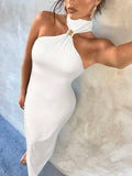 Daiiibabyyy  Women's Black One-Shoulder Choker Neck Bodycon Maxi Dress with Metal Accent