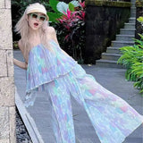 DAIIIBABYYY  -  New Lady Dream Mermaid Sweet Colour Floral Sling Vest Pleated Trousers Office Lady Comfortable Loose Refreshing Two Piece Set
