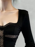 Daiiibabyyy  Vintage Gothic Cross Hollowed Out Long Sleeve Square Neck Top Women Autumn Winter Slimming T-Shirt Instagram