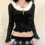 Daiiibabyyy  French Style Bow Fur Collar Knitted T-shirt Women Short Style Waist Cinching Slim Fit Slimming Spicy Girl Top