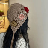 Daiiibabyyy  Cute Tassels Crochet Knitted Hat Hollow Out Handmade Knit Cap Korean Bohemian Style Weave Cap Travel