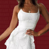 Daiiibabyyy  Charmingly Graceful White Spaghetti Strap Fit - and - Flare Dress: Intricate and Dainty Floral Design