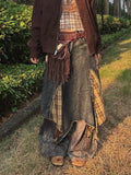 DAIIIBABYYY  -  Denim Blue Ombre Asymmetrical Skirt Women Retro Tartan Plaid Stitch Maxi Long Overlay Waist Jeans Skirt Y2k Streetwear