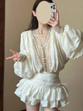 DAIIIBABYYY  -  French Pure Sexy Suit Women's Spring Lace Long-sleeved Shirt High Waist A-line Short Skirt Two-piece Set Fashion Female Clothes
