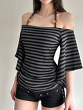 Daiiibabyyy  Elegant Striped Off Shoulder Blouse with Halter Neck and 3 4 Batwing Sleeves Perfect for Stylish Fall Outfits