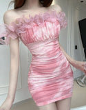 Daiiibabyyy  Sexy One-shoulder Mesh Printed Dress for Women in Pure Desire Style, Waist-hugging, Sexy Hot Girl Tight Buttocks
