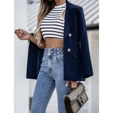 DAIIIBABYYY  -  New Autumn Fashion Solid Color Suit Collar Double Breasted Small Suit Temperament Commuter Women's Pocket Casual Coat