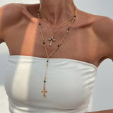 Daiiibabyyy  3Pcs Unique Cross Pendant Necklace Set for Women Simple Crystal Necklace Sweater Chain Long Y-shaped Necklace Y2K Party Jewelry