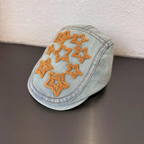 DAIIIBABYYY  -  Japanese Retro Star Literary Duck Bill Forward Hat Spring and Autumn Men's and Women's Outdoor Denim Short Brim Painter Hat