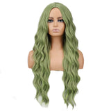 Daiiibabyyy  Green Long Wavy Synthetic Wig with Middle Part, Natural Scalp, Breathable Rose Net for Daily Wear, Cosplay, and Party Looks