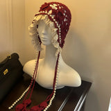 Daiiibabyyy  Sweet Pearl Tassels Crochet Flower Knitted Hat Bohemian Style Thin Knit Cap Korean Handmade Ethnic Style Hat Outdoor