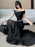 DAIIIBABYYY  -  Black Lace 2025 Summer Sexy Slightly Transparent Mesh Splicing A-line Skirt Versatile Casual Mid Length Hanging Feeling