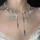 Daiiibabyyy  Cross Rivet Tassel Pearl Beaded Choker Women Cool Trendy Gothic Style Necklace y2k Fashion Jewelry
