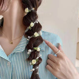 Daiiibabyyy  New Rose Flower Telephone Phone Line Hair Rope for Women Girls Elastic Pearl Ponytail Hair Loop Headwear Hair Accessories