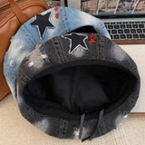 Daiiibabyyy  Japanese Retro Star Embroidered Denim Berets Cap Y2K Summer and Autumn Casual Versatile Literary Personality Women's Hats