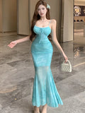 DAIIIBABYYY  -  Boho Print Chic Ruffled Mermaid Dress Women Elegant Bow Lace Sling Sexy Dress Summer Korean Bodycon Luxury Party Dress Gown
