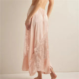 Daiiibabyyy  Womens Satin Lace Maxi Skirt Y2k Boho Vintage Lace Trim Low Waist Long Skirt Summer Silky Half Slip Asymmetrical Midi Skirts