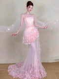 Daiiibabyyy  Pink Long Wedding Dresses Women Tulle Flowers Strapless Pleat Mermaid Formal Prom Party Dance Bridal Evening Dresses