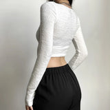 DAIIIBABYYY  -  New Women's Solid Color Slim Fit with Exposed Navel Fashion Round Neck Long Sleeved Cardigan T-shirt for Women